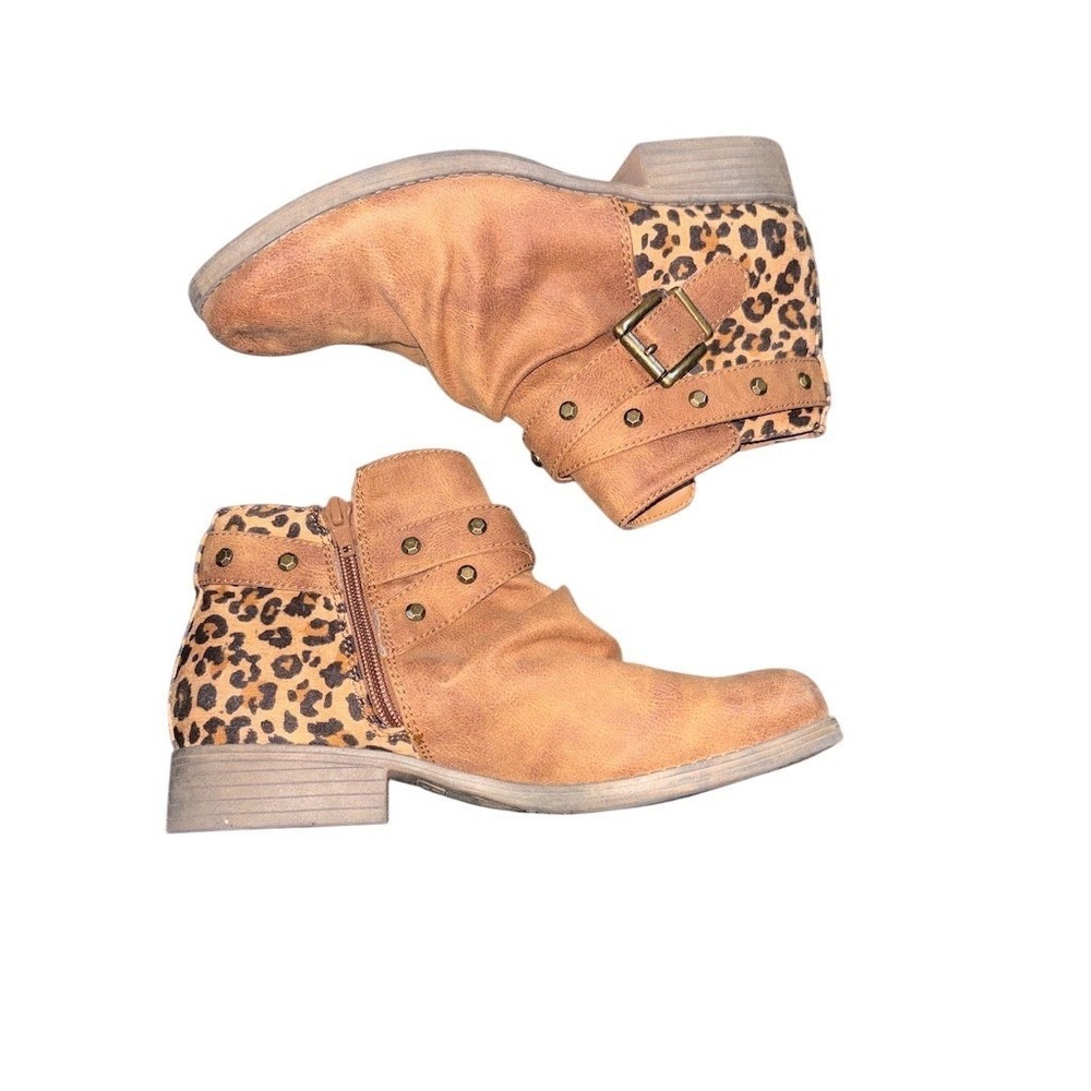 White Mountain Women's Ankle Booties Brown Leopard Buckle Side Zip Low